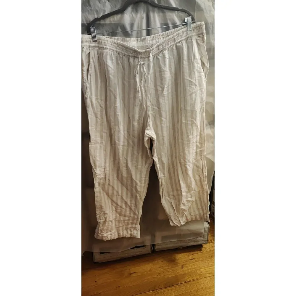 H&M Wide-Cut Pull-on Linen Pants In Taupe White Stripes Size XXL Pockets